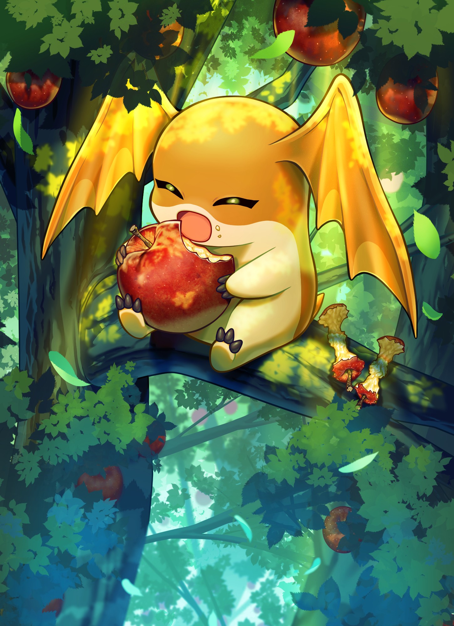 Patamon is eating an apple