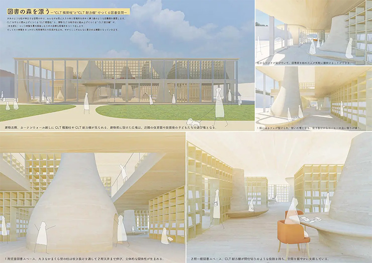 図書の森を漂う ─ “CLT積層柱”と“CLT耐力棚”でつくる図書空間 ─
