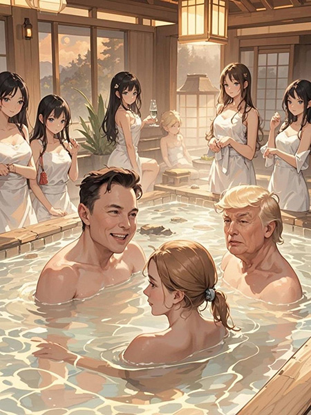 Hot Springs, Billionaires, and Bishoujo: Musk and Trump’s Wild Onsen Adventure!