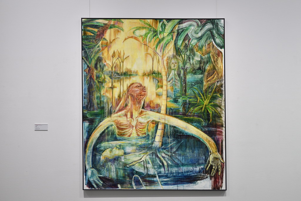 作品全体の写真。水辺と植物が描かれた楽園のような風景と4人の人物が描かれた絵画作品