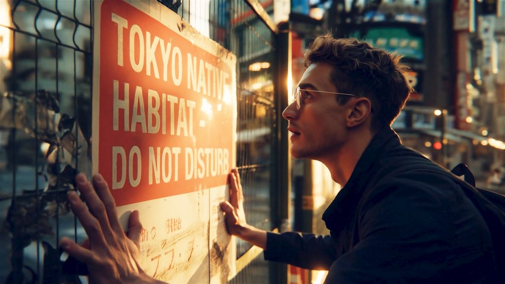 外国人観光客風の男性が「TOKYO NATIVE HABITAT DO NOT DISTURB」と書かれた看板を食い入るように見ている、映画のワンシーン
